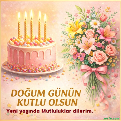 Çiçekli Pastalı Doğum Günü Tebrik kartı